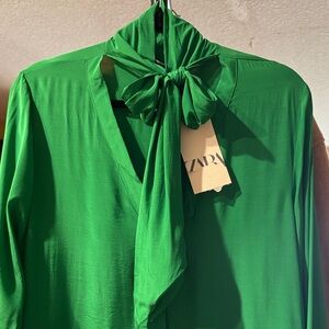 Zara Vibrant Green Blouse with Tie Accent